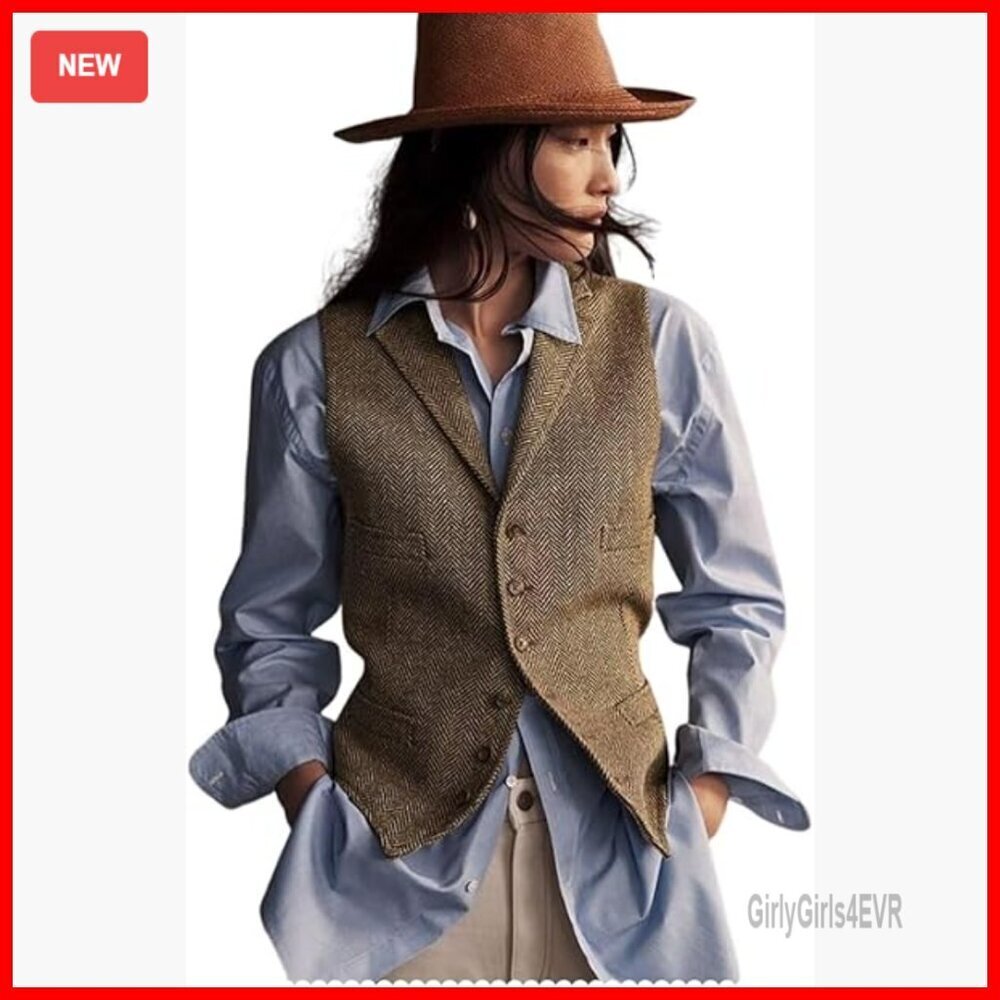 Herringbone Tweed Sleeveless Vest Lapel V-Neck Regular Fit Medium